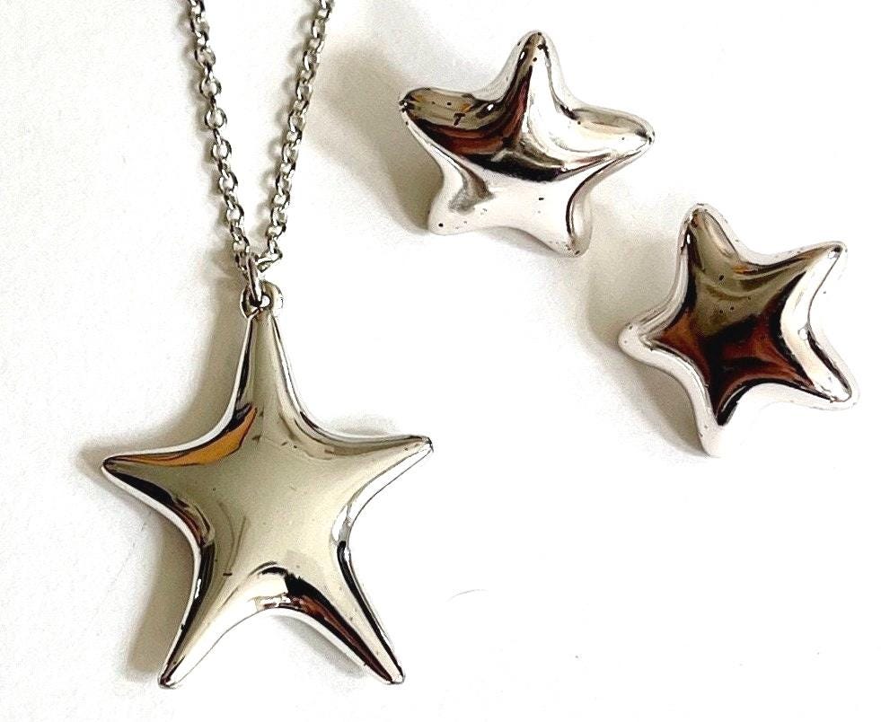 Vintage Monet Star Jewelry Set 80s 90s Silver Tone Costume Jewelry Necklace Earrings