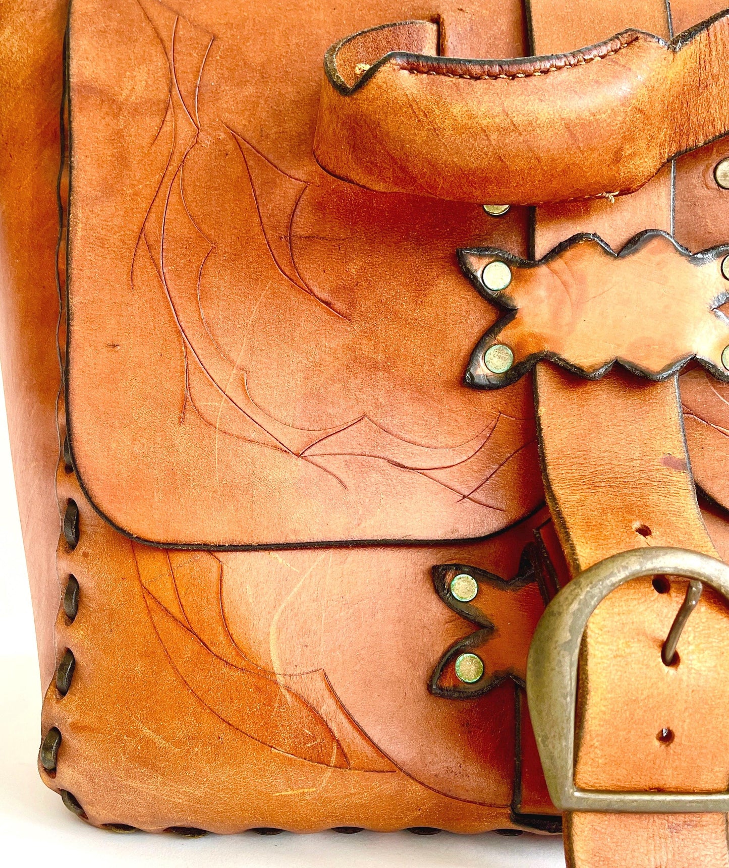 Vintage 70s Tooled Leather Satchel Handmade Distressed Worn Leather Western Work Bag Laptop Case