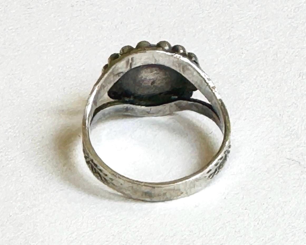 Antique Navajo Turquoise Ring Fred Harvey Era Native American Vintage Stamped Sterling Silver Band Oval Green Turquoise Cabochon Size 6.5