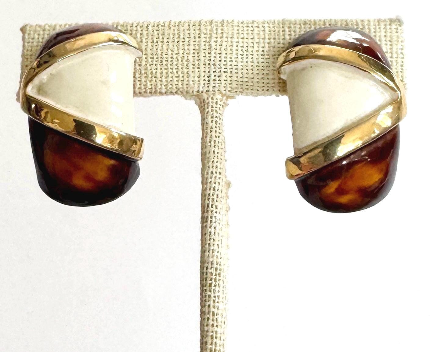 Chunky 80s Gold Earrings Faux Tortoise Shell Enamel Clip On Style