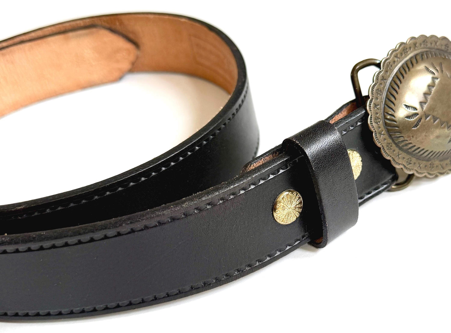 Vintage Western Concho Belt Solid Brass Navajo Style Buckle Black Leather Strap