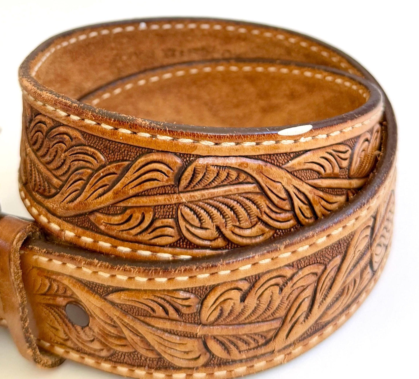 Vintage Turquoise Inlay Horse Buckle with Floral Tooled Leather Belt Strap