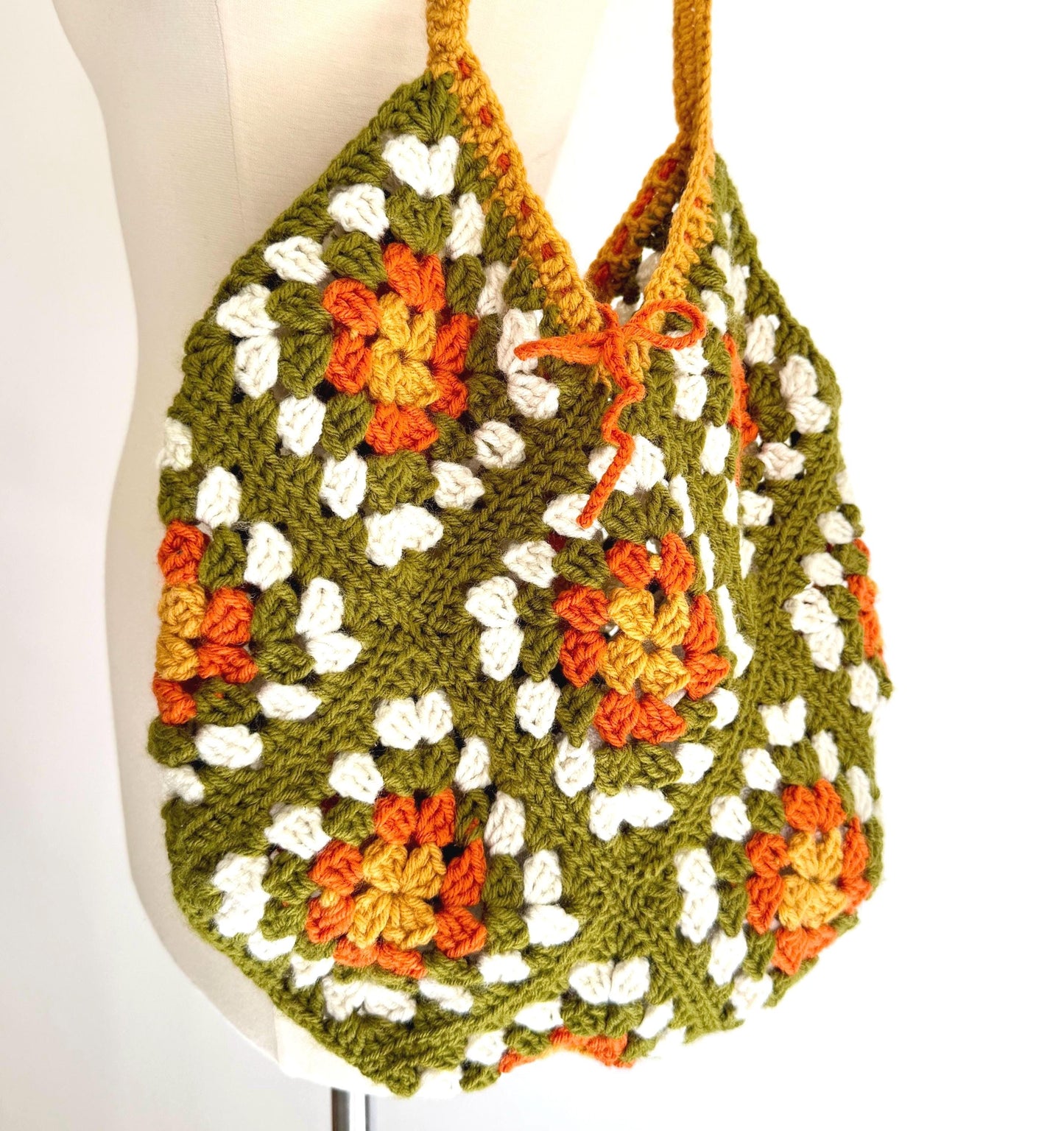 Vintage Hand Crochet Drawstring Bag Olive Green White Orange