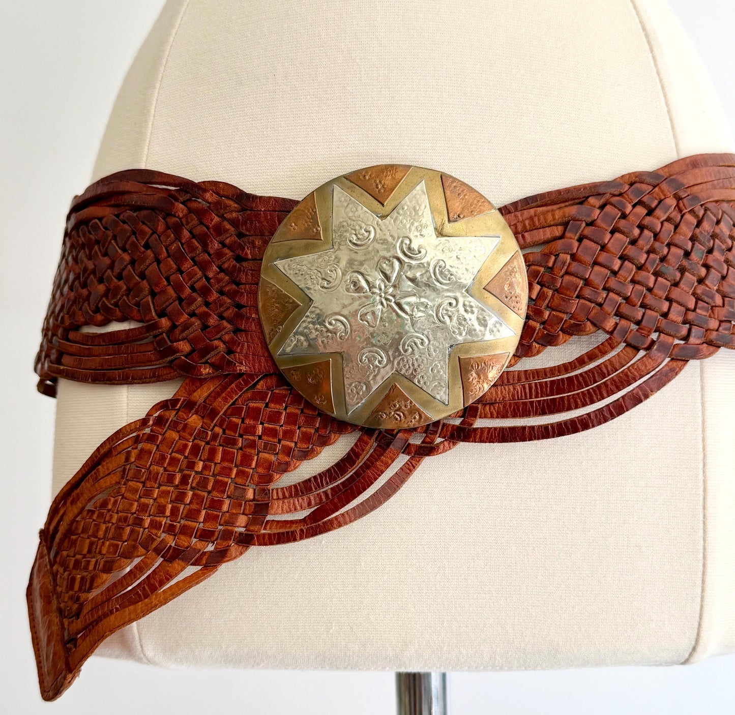 Vintage Moroccan Disc Belt Wide Woven Brown Leather Strap Boho Western