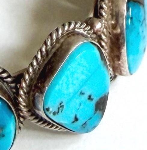 Vintage Navajo Five Stone Turquoise Cuff Bracelet 60s 70s Native American Sterling Silver