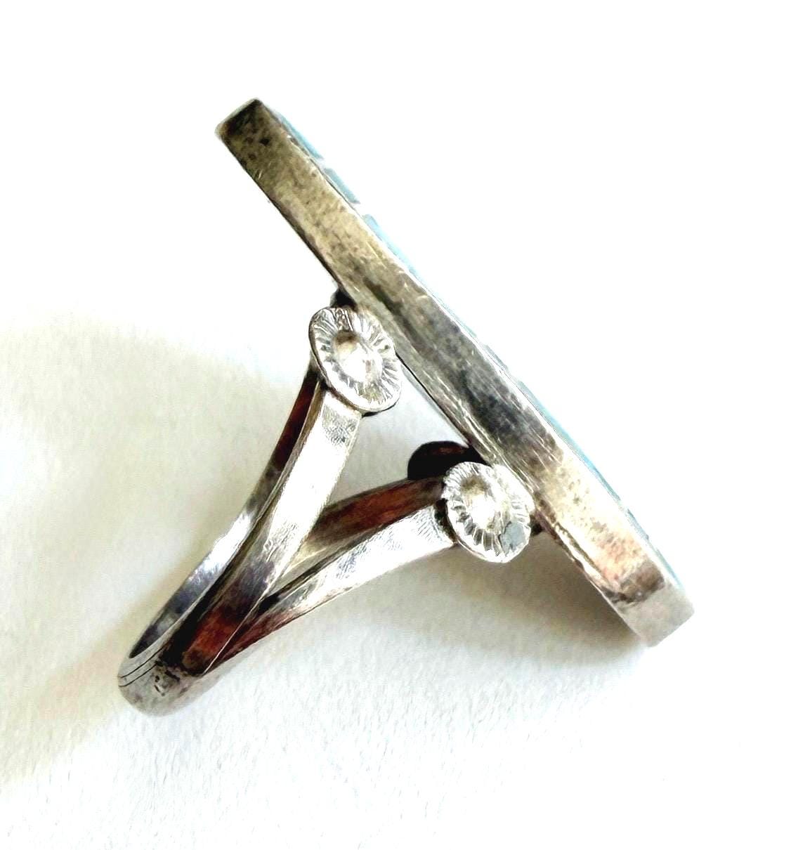 Vintage Zuni Turquoise Inlay Ring Native American Handcrafted Size 6.75