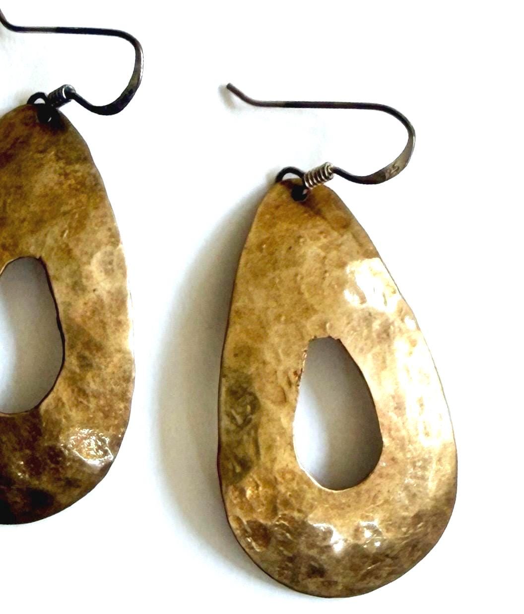 Vintage Hammered Brass Earrings Teardrop Dangle
