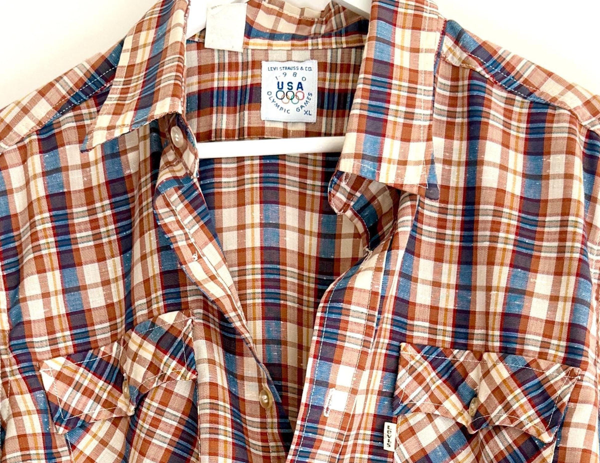 Vintage Levi Strauss Plaid Mens Shirt 1980 Olympic Games