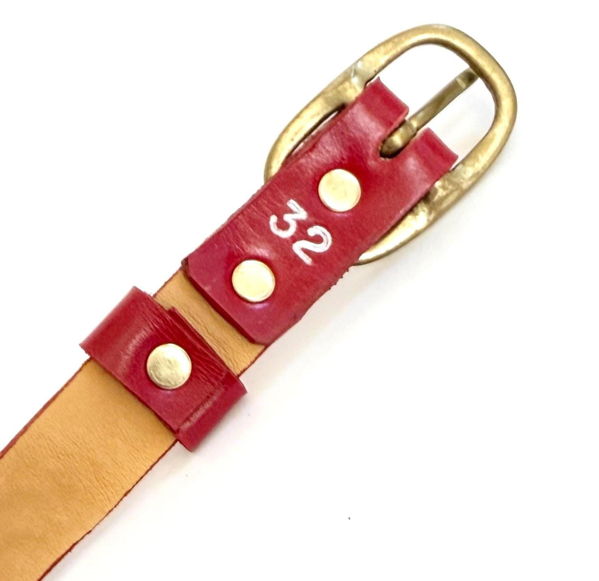 Vintage Studded Skinny Belt Red Leather with Brass Pyramid Studs Handmade in USA