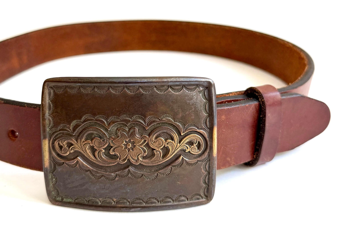 Vintage Western Belt 1995 Brass Floral Buckle Brown Full Grain Leather Strap