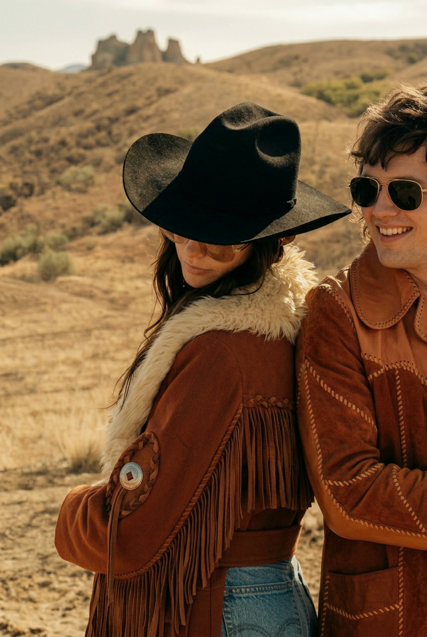 Two people in western-style clothing standing in a desert landscape with hills and ruins in the background.
