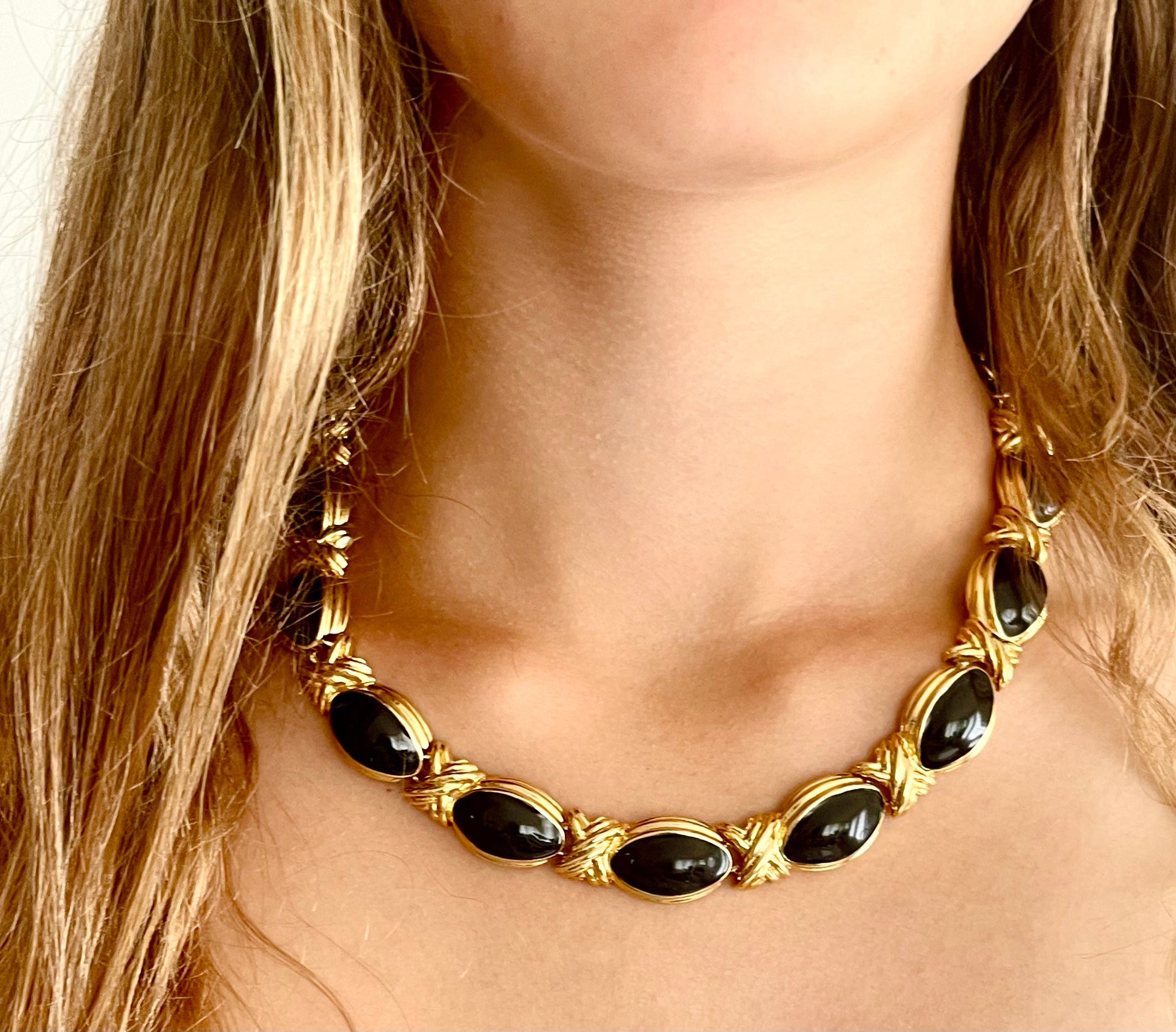 Chunky Gold Link Necklace Choker Vintage 80s 90s Gold Tone Black Enamel X Link Chain Minimalist Costume Jewelry