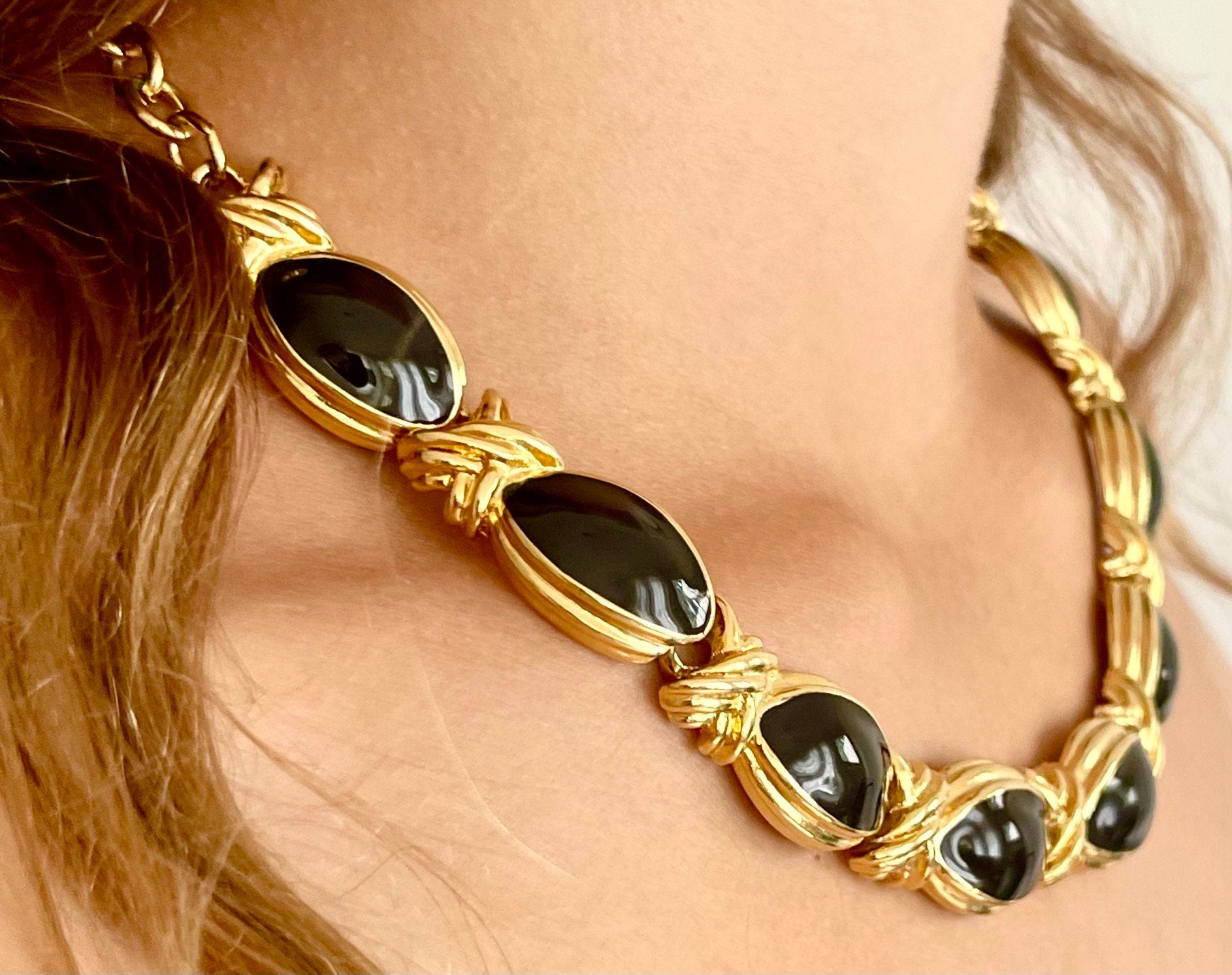Chunky Gold Link Necklace Choker Vintage 80s 90s Gold Tone Black Enamel X Link Chain Minimalist Costume Jewelry