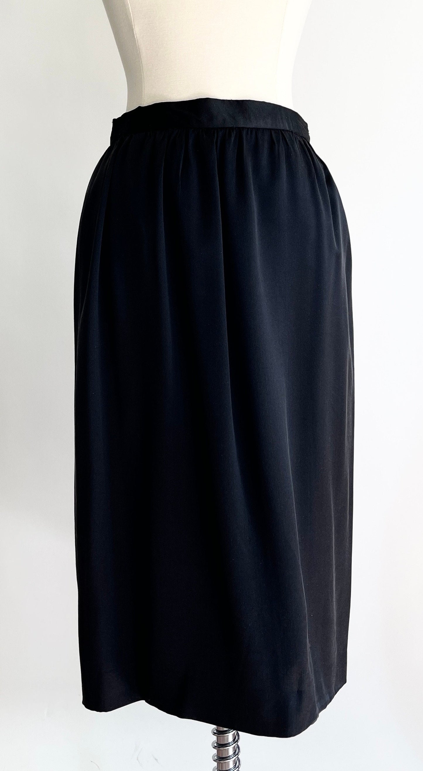 Vintage Black Silk Pencil Skirt Made in USA Maker Signed High Waist Minimalist Simple Solid Black XS