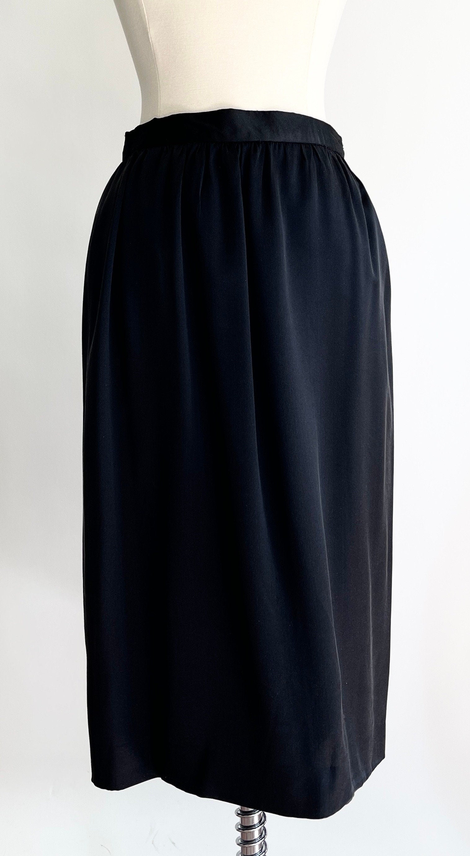 Vintage Black Silk Pencil Skirt Made in USA Maker Signed High Waist Minimalist Simple Solid Black XS