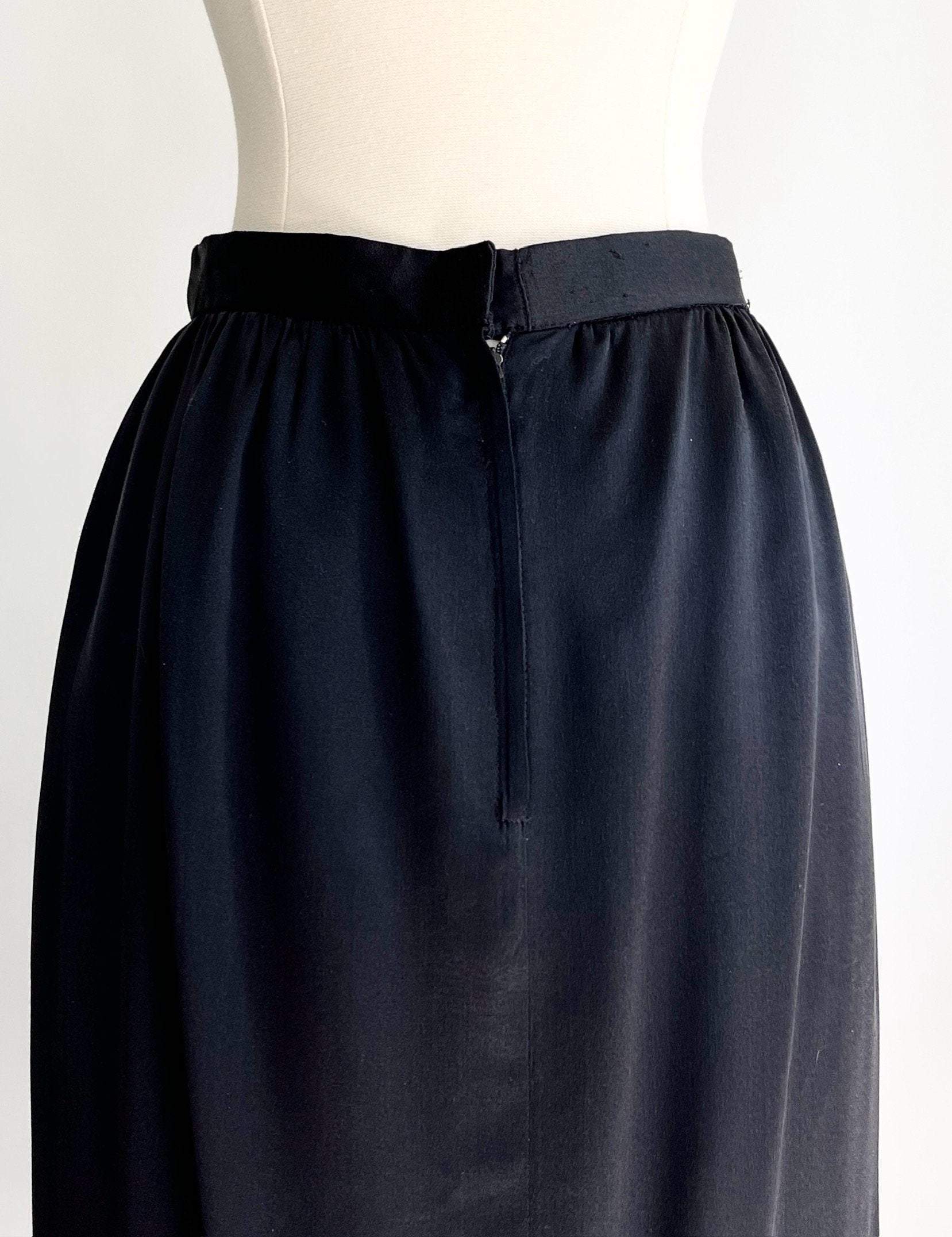 Vintage Black Silk Pencil Skirt Made in USA Maker Signed High Waist Minimalist Simple Solid Black XS