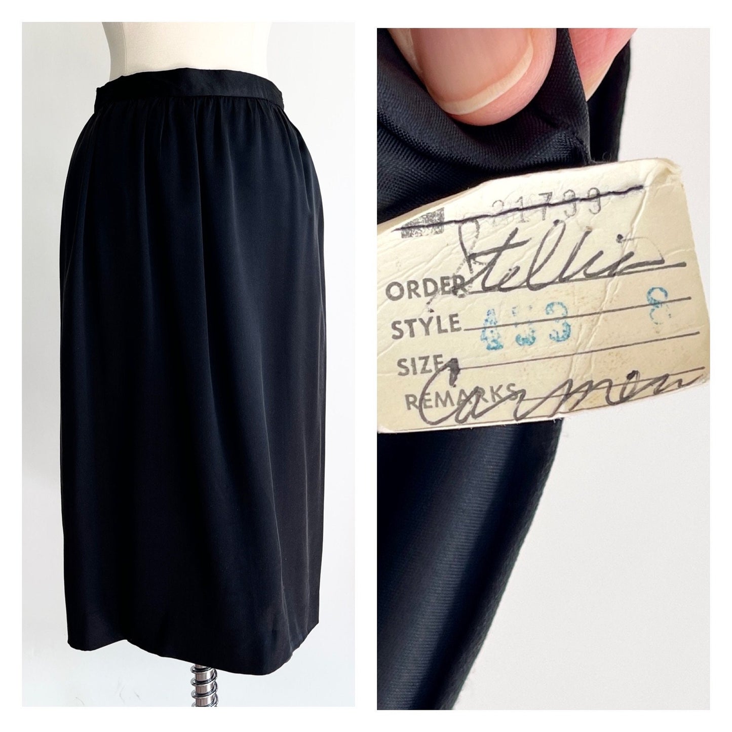 Vintage Black Silk Pencil Skirt Made in USA Maker Signed High Waist Minimalist Simple Solid Black XS