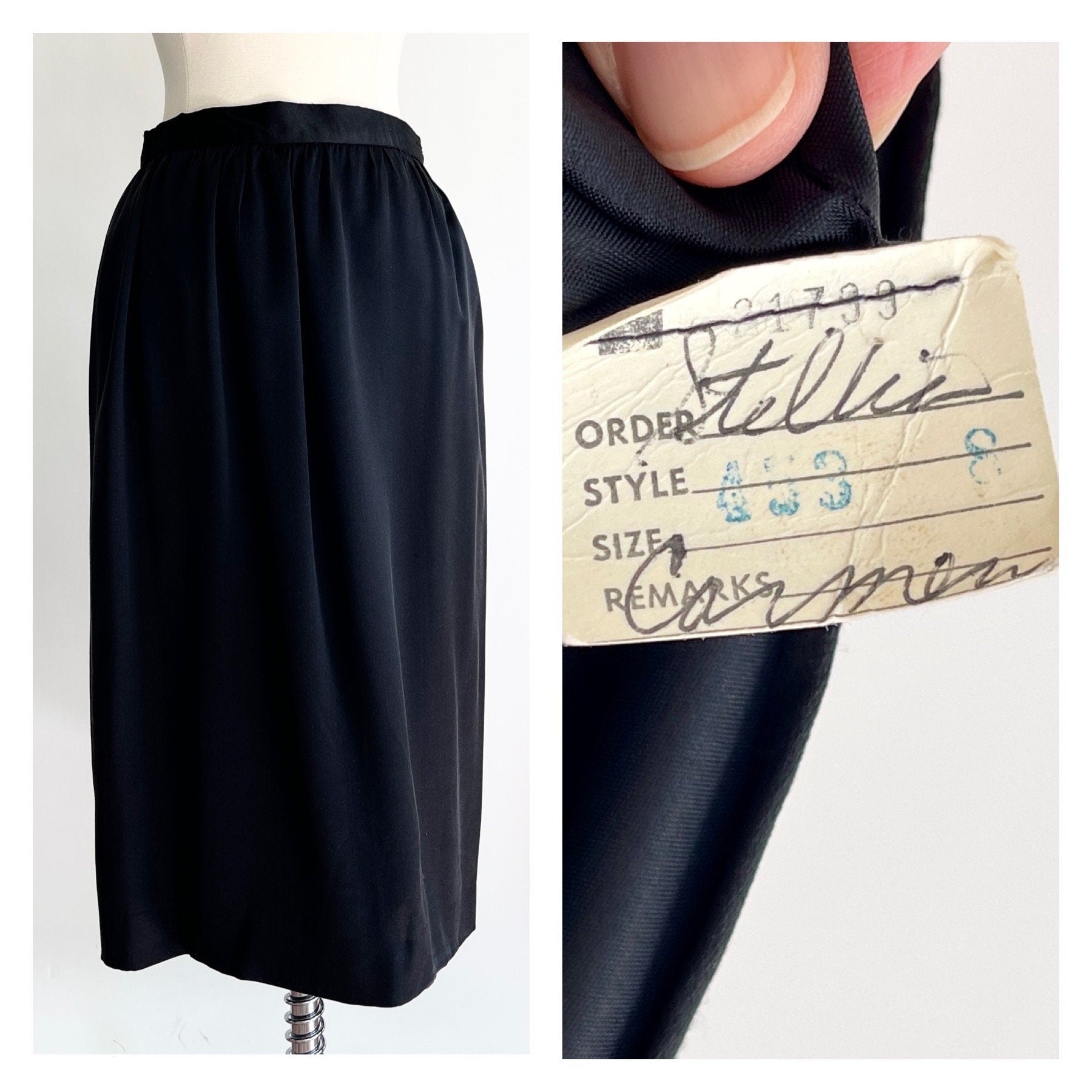 Vintage Black Silk Pencil Skirt Made in USA Maker Signed High Waist Minimalist Simple Solid Black XS