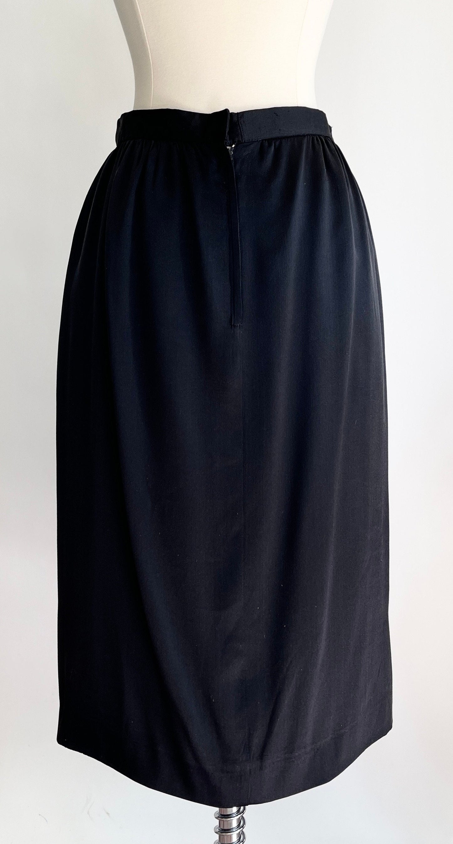 Vintage Black Silk Pencil Skirt Made in USA Maker Signed High Waist Minimalist Simple Solid Black XS