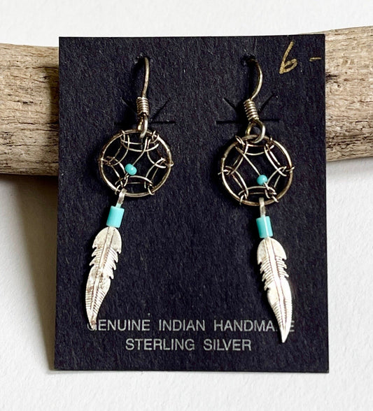 Vintage Native American Dreamcatcher Earrings Sterling Silver Turquoise Feather Dangles