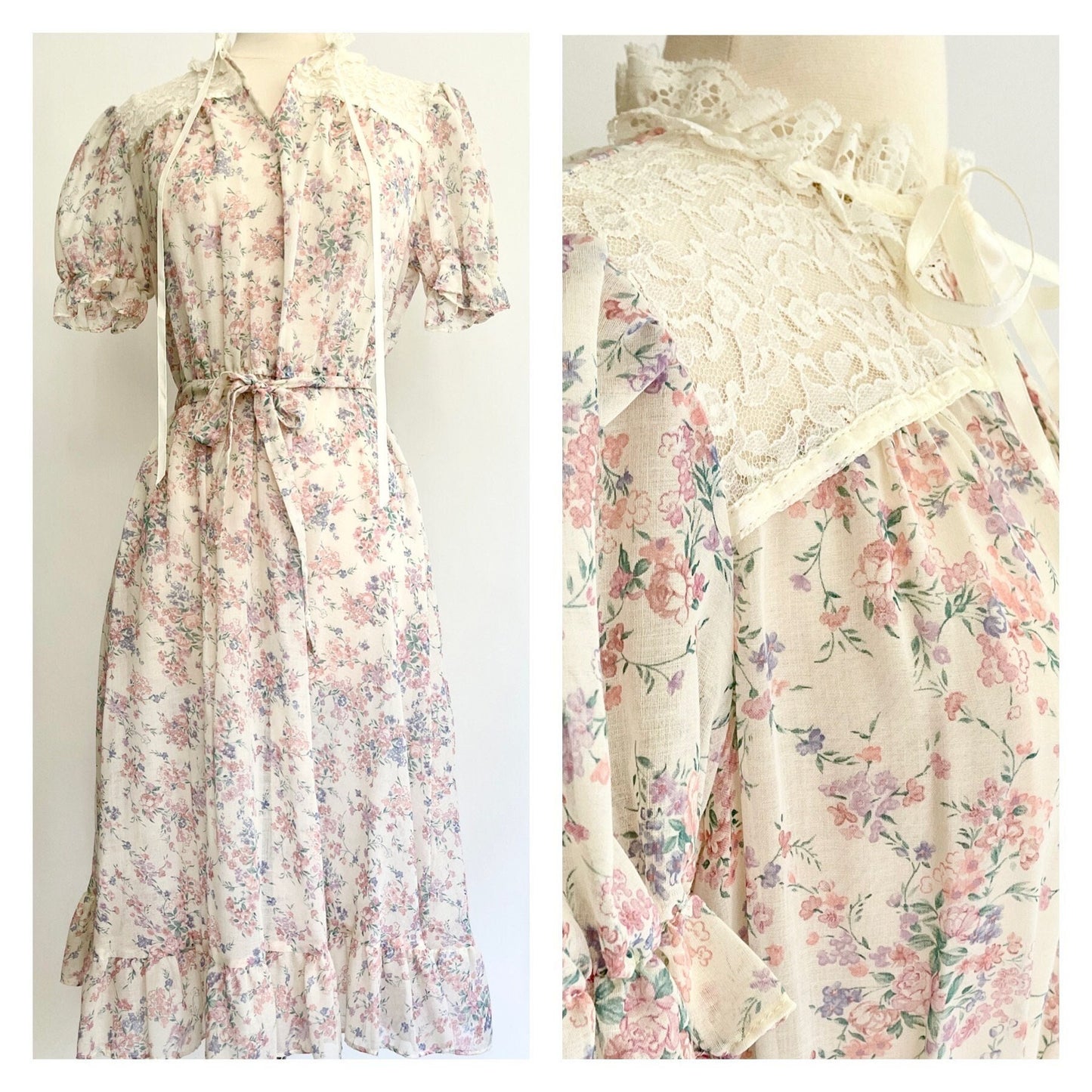 Vintage 70s Pastel Floral Prairie Dress Lace Trim Short Sleeve