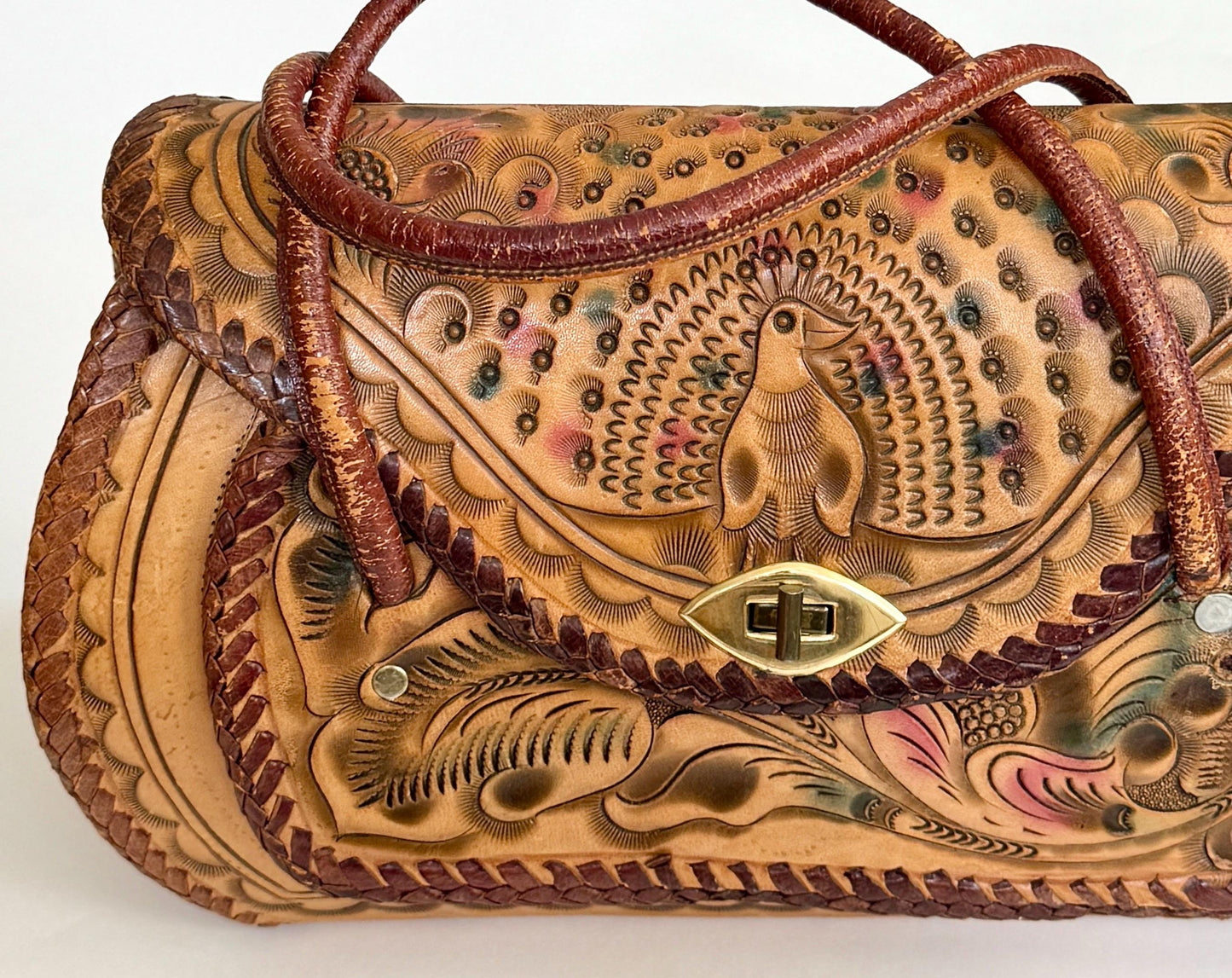 Vintage Peacock Tooled Leather Bag 70s Boho Tan Brown Bird Floral Hand Tooled Leather Large Top Handle Purse