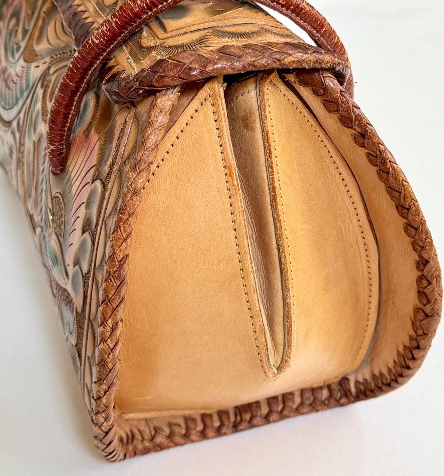 Vintage Peacock Tooled Leather Bag 70s Boho Tan Brown Bird Floral Hand Tooled Leather Large Top Handle Purse