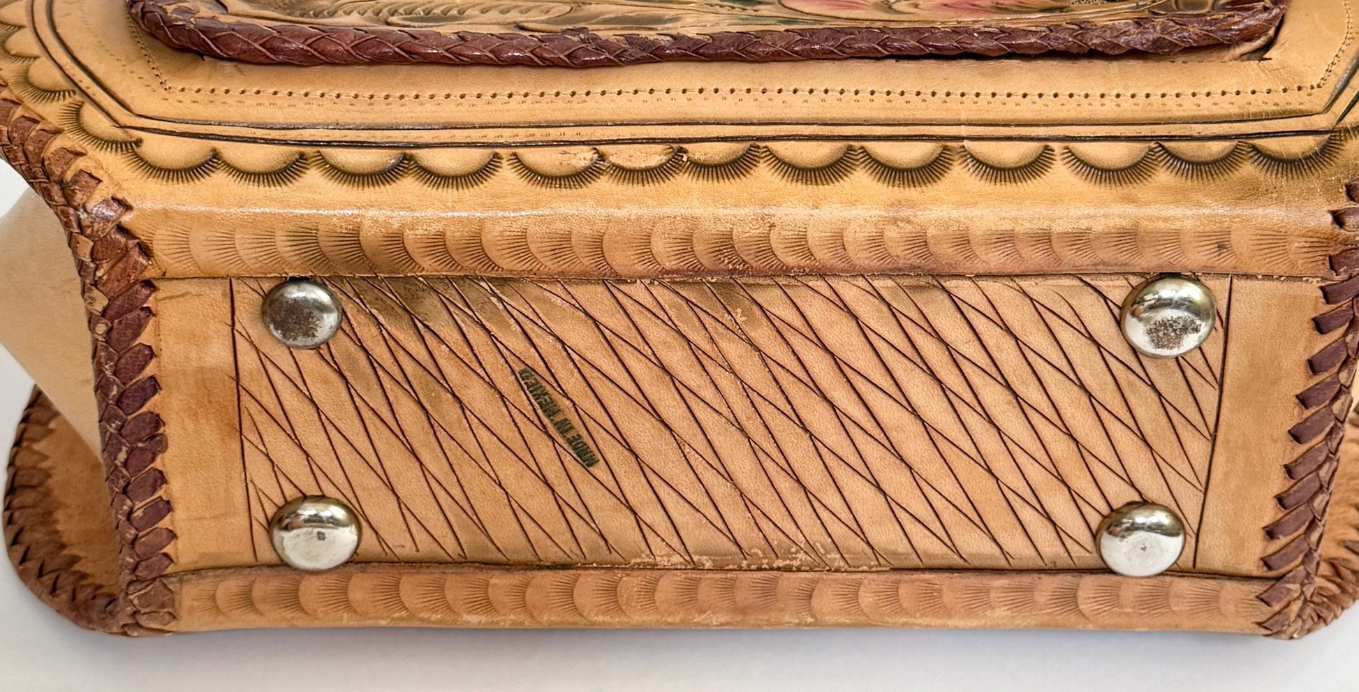 Vintage Peacock Tooled Leather Bag 70s Boho Tan Brown Bird Floral Hand Tooled Leather Large Top Handle Purse