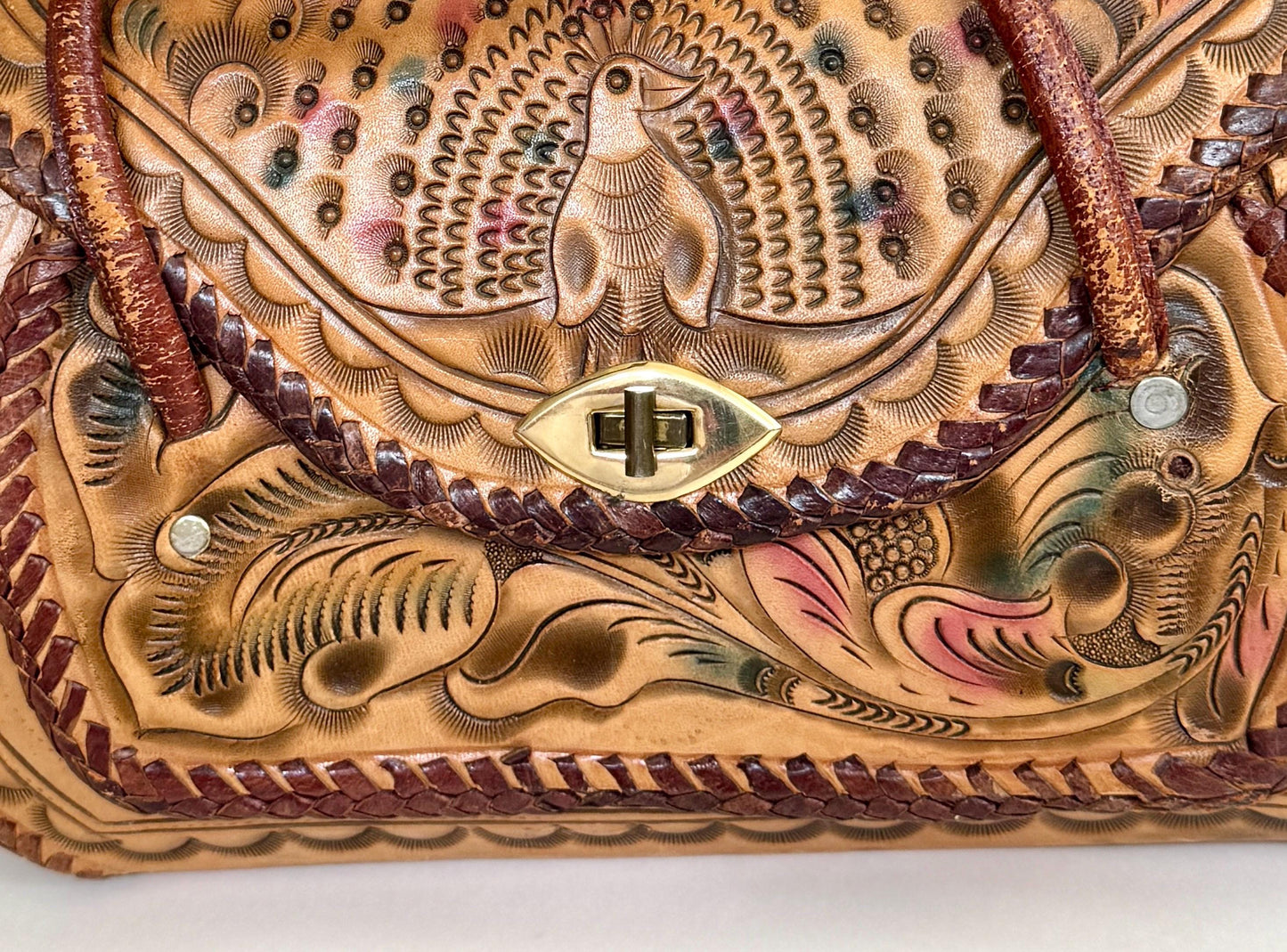 Vintage Peacock Tooled Leather Bag 70s Boho Tan Brown Bird Floral Hand Tooled Leather Large Top Handle Purse