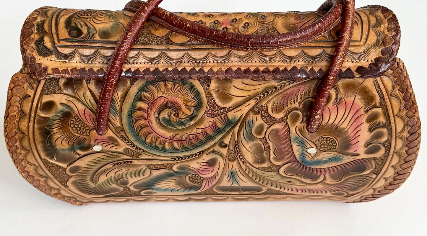 Vintage Peacock Tooled Leather Bag 70s Boho Tan Brown Bird Floral Hand Tooled Leather Large Top Handle Purse