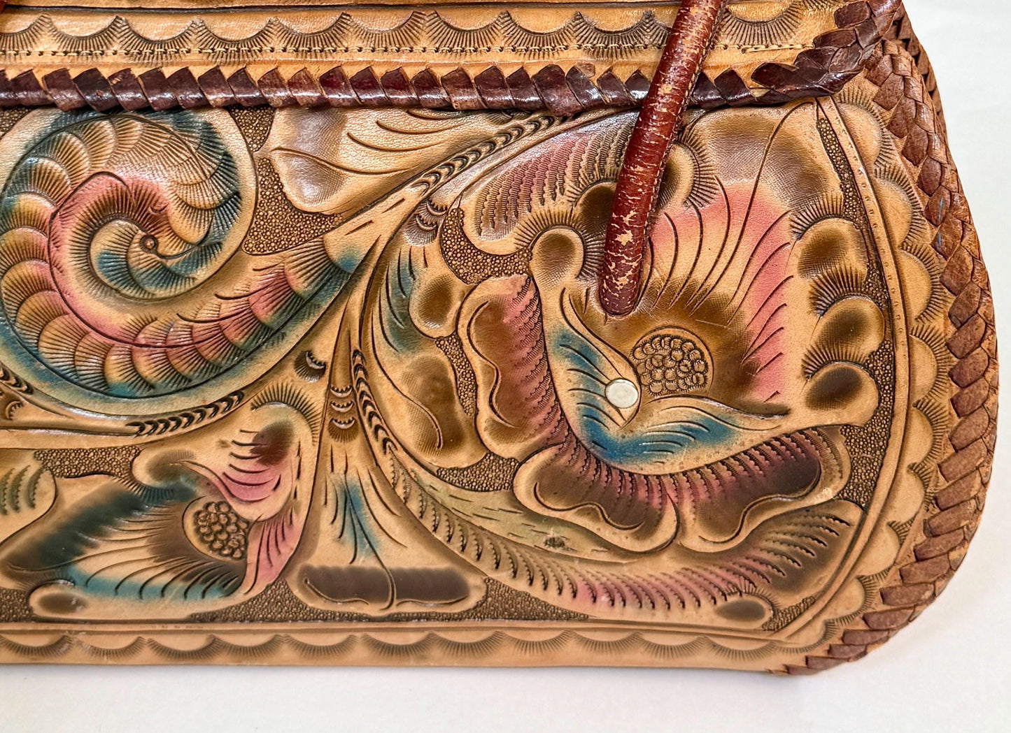 Vintage Peacock Tooled Leather Bag 70s Boho Tan Brown Bird Floral Hand Tooled Leather Large Top Handle Purse