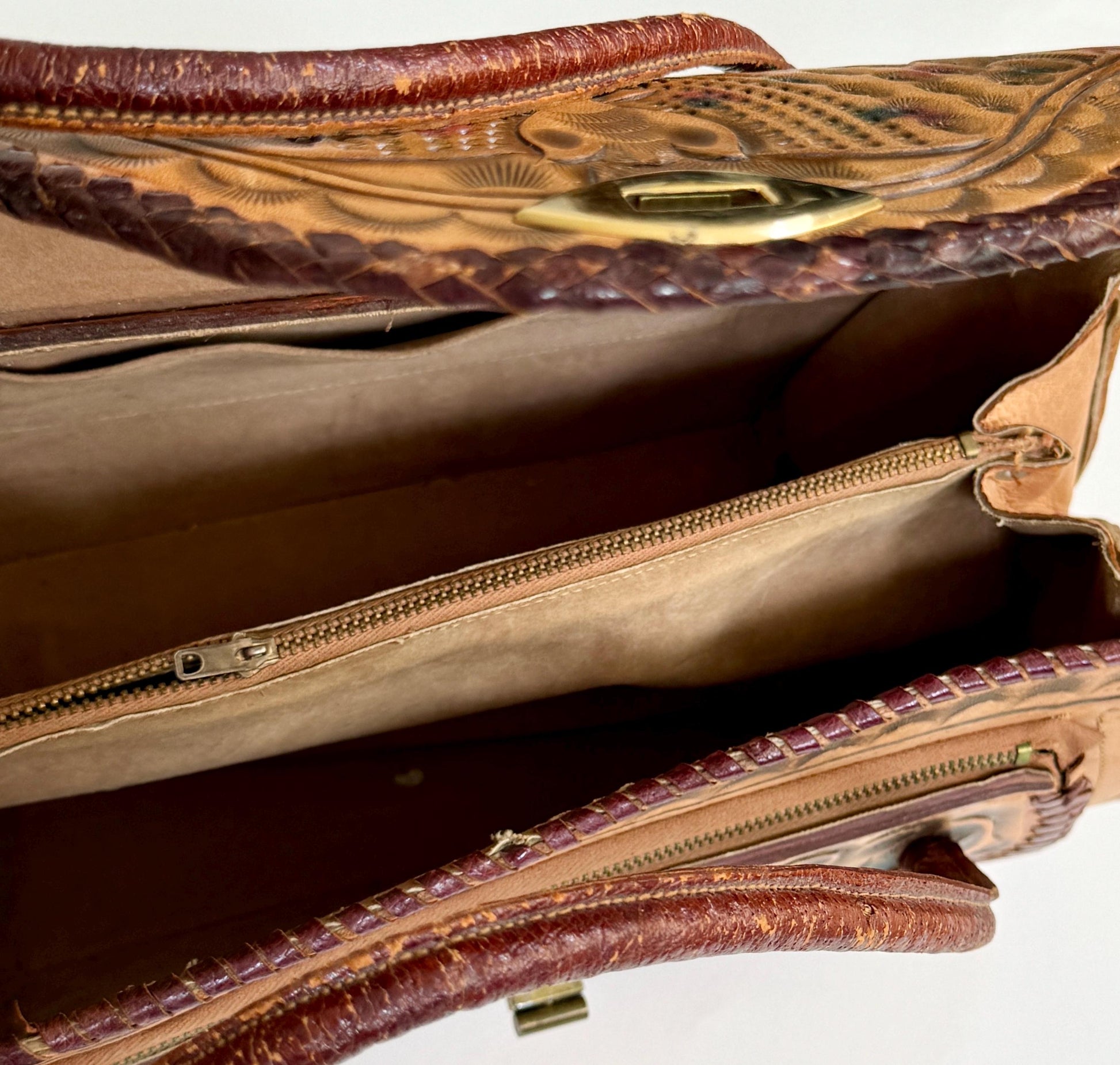 Vintage Peacock Tooled Leather Bag 70s Boho Tan Brown Bird Floral Hand Tooled Leather Large Top Handle Purse
