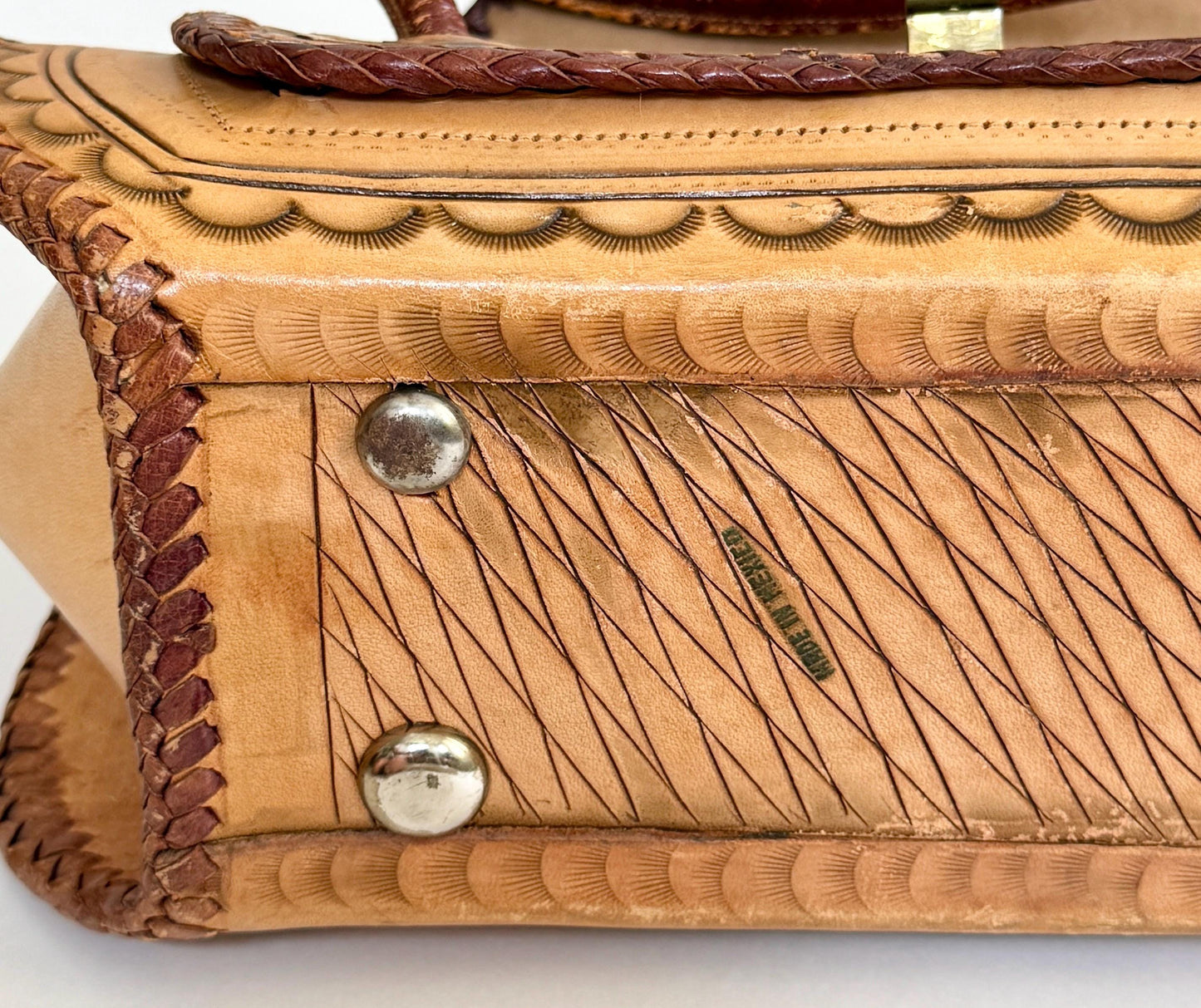 Vintage Peacock Tooled Leather Bag 70s Boho Tan Brown Bird Floral Hand Tooled Leather Large Top Handle Purse