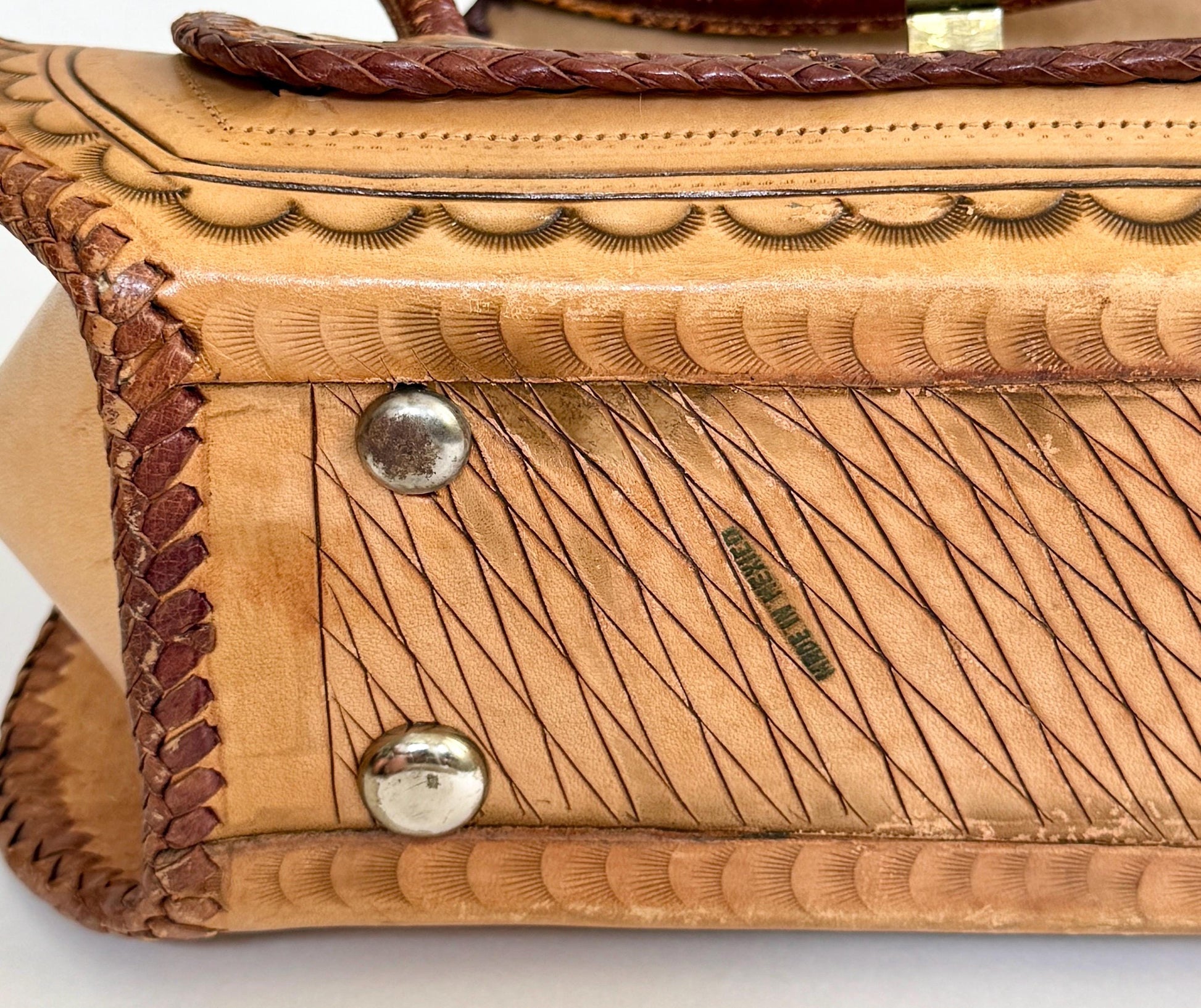 Vintage Peacock Tooled Leather Bag 70s Boho Tan Brown Bird Floral Hand Tooled Leather Large Top Handle Purse