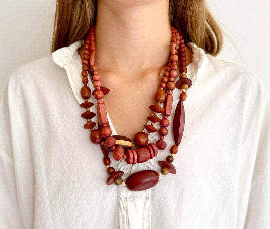 70s Vintage Wood Bead Necklace: Chunky Boho Folk Jewelry
