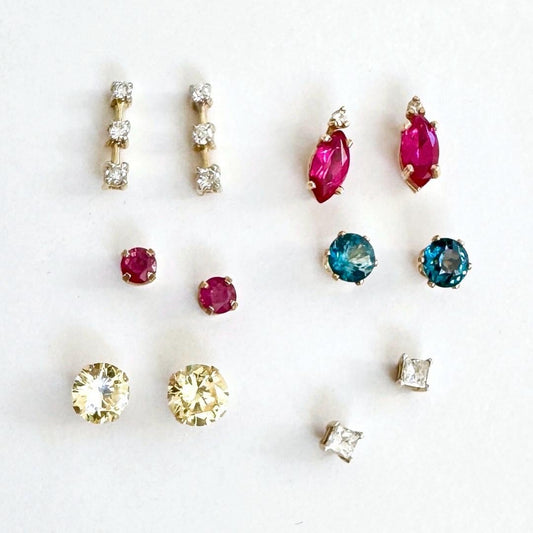 Vintage 14K Gold Gemstone Stud Earrings: Diamond, Ruby, Topaz