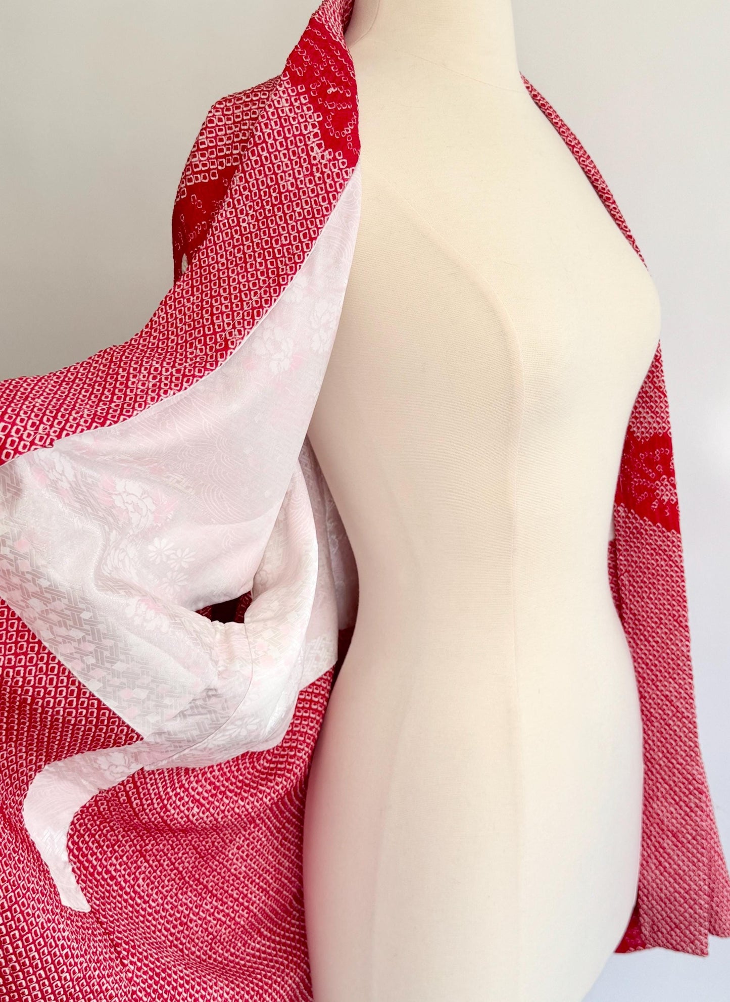 Vintage Red Silk Kimono: Textured Japanese Robe Jacket