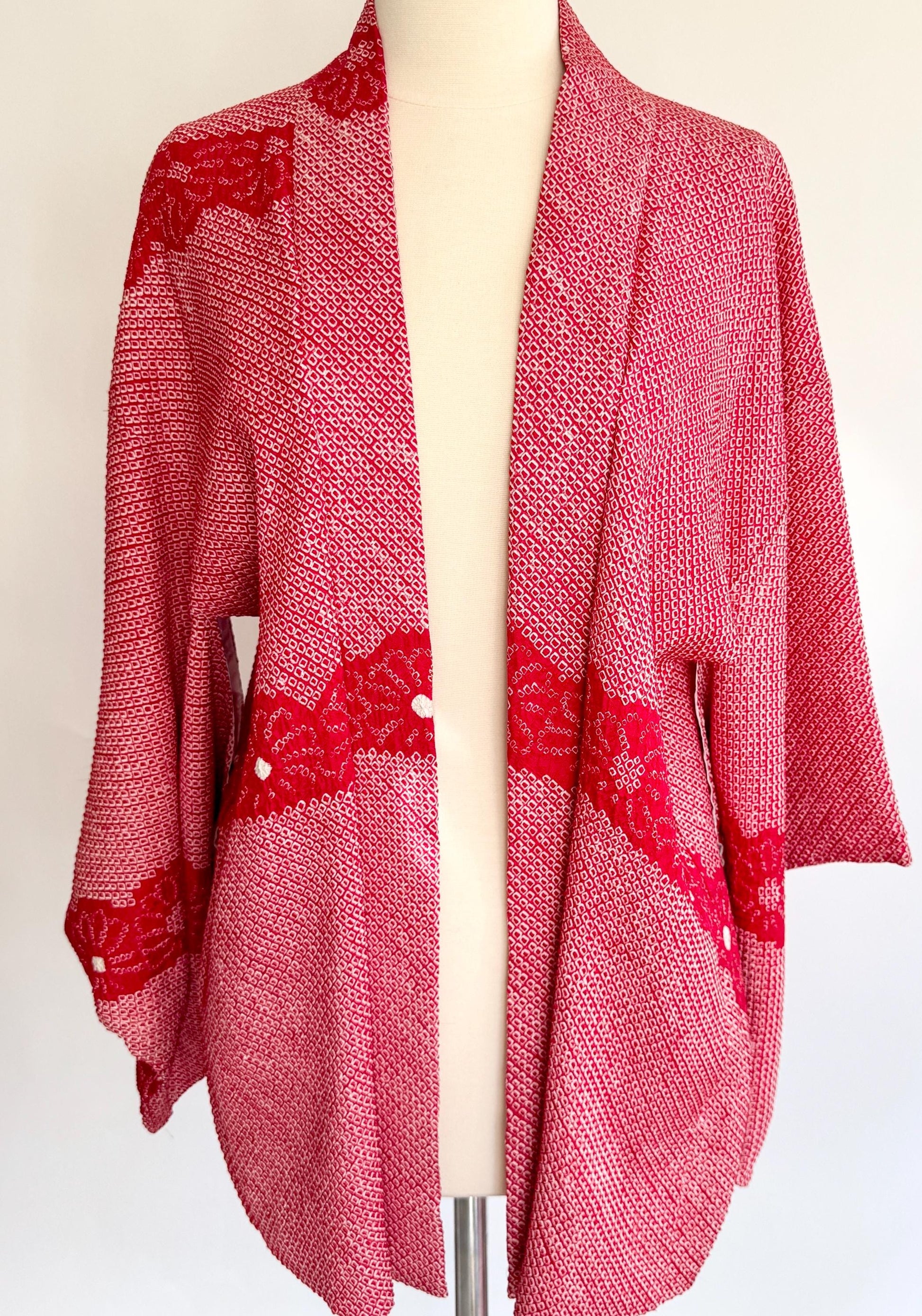 Vintage Red Silk Kimono: Textured Japanese Robe Jacket