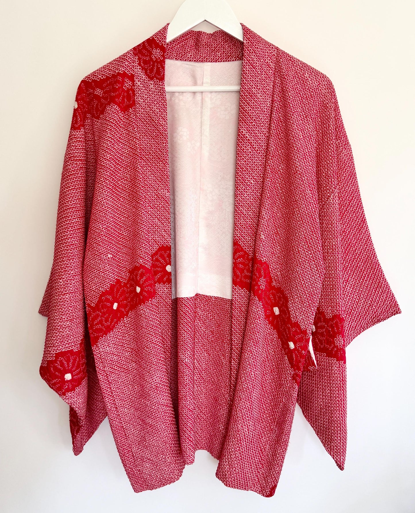 Vintage Red Silk Kimono: Textured Japanese Robe Jacket