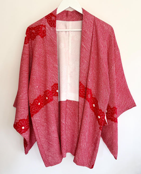 Vintage Red Silk Kimono: Textured Japanese Robe Jacket