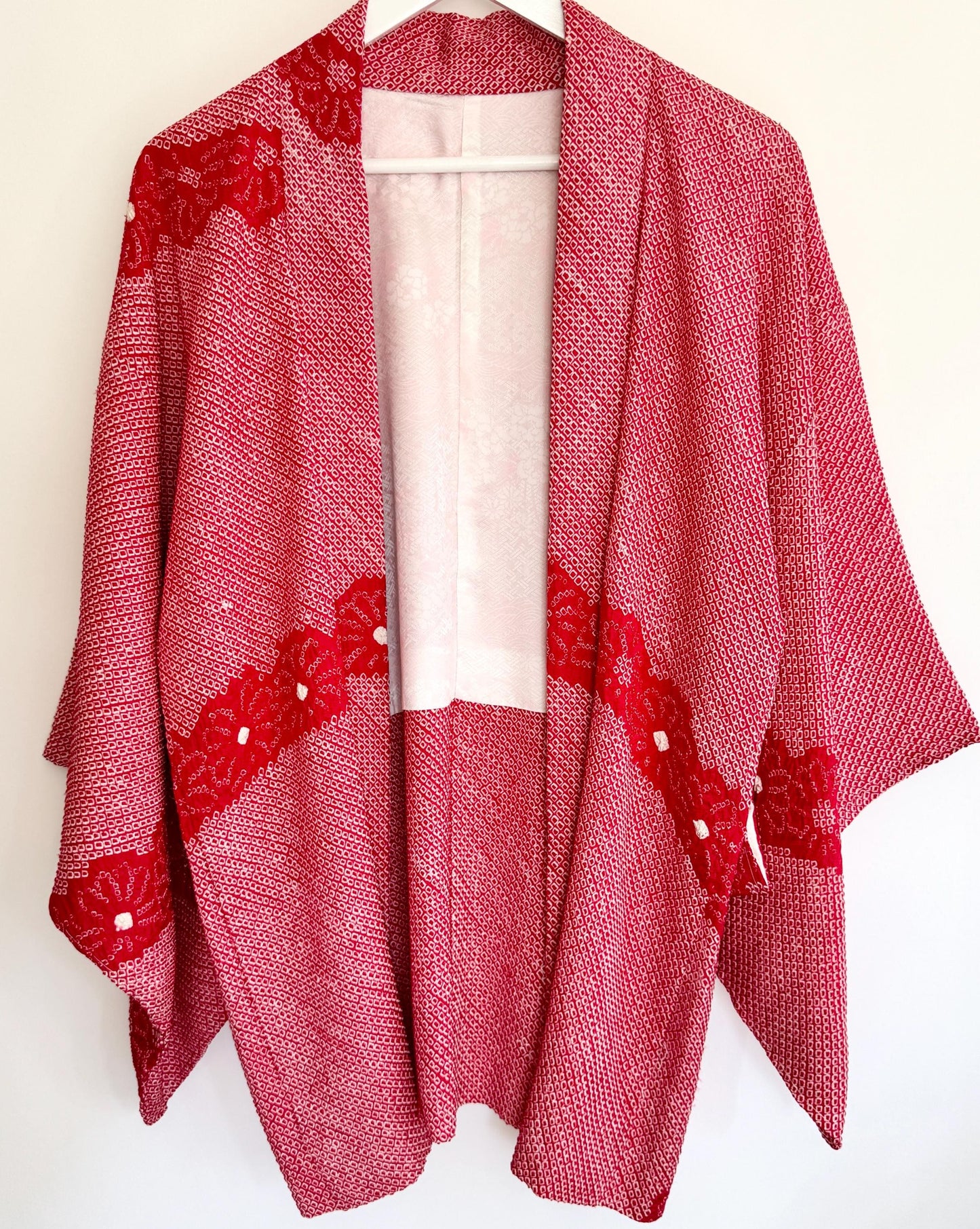 Vintage Red Silk Kimono: Textured Japanese Robe Jacket