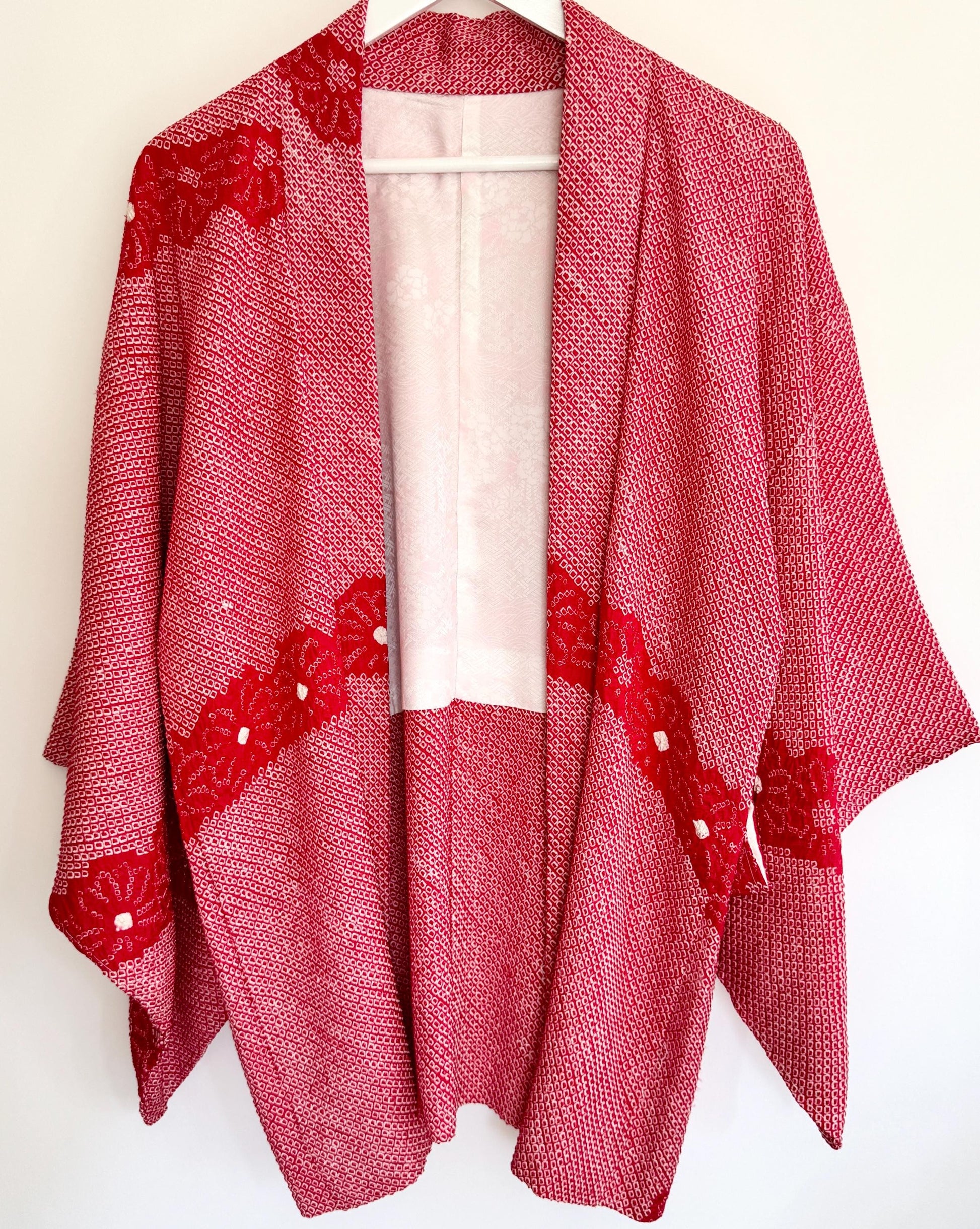 Vintage Red Silk Kimono: Textured Japanese Robe Jacket