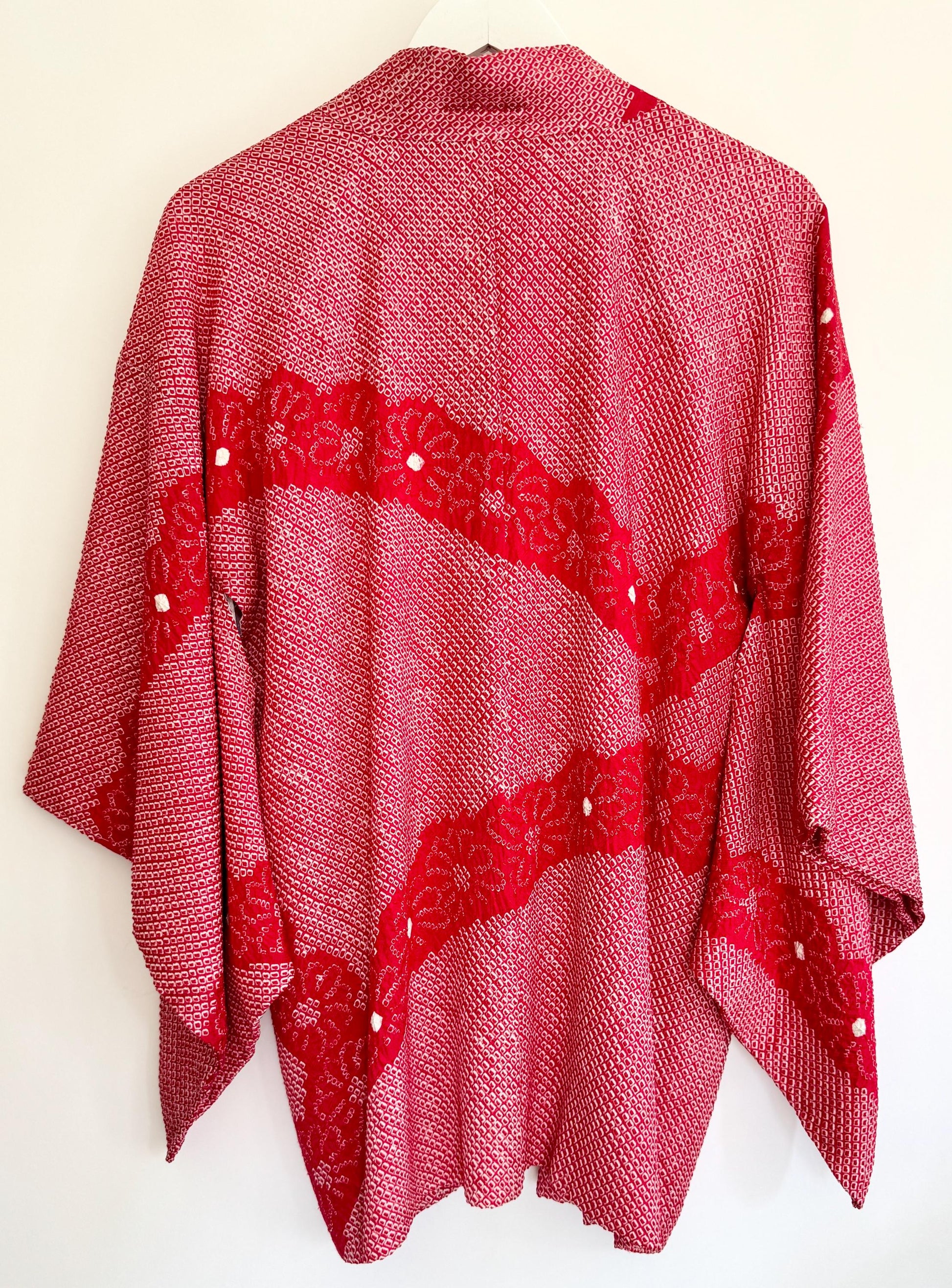 Vintage Red Silk Kimono: Textured Japanese Robe Jacket