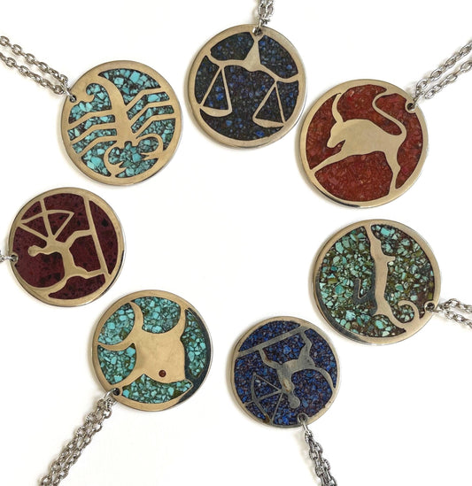 70s Zodiac Necklace: Handmade Silver Medallion with Crushed Stone