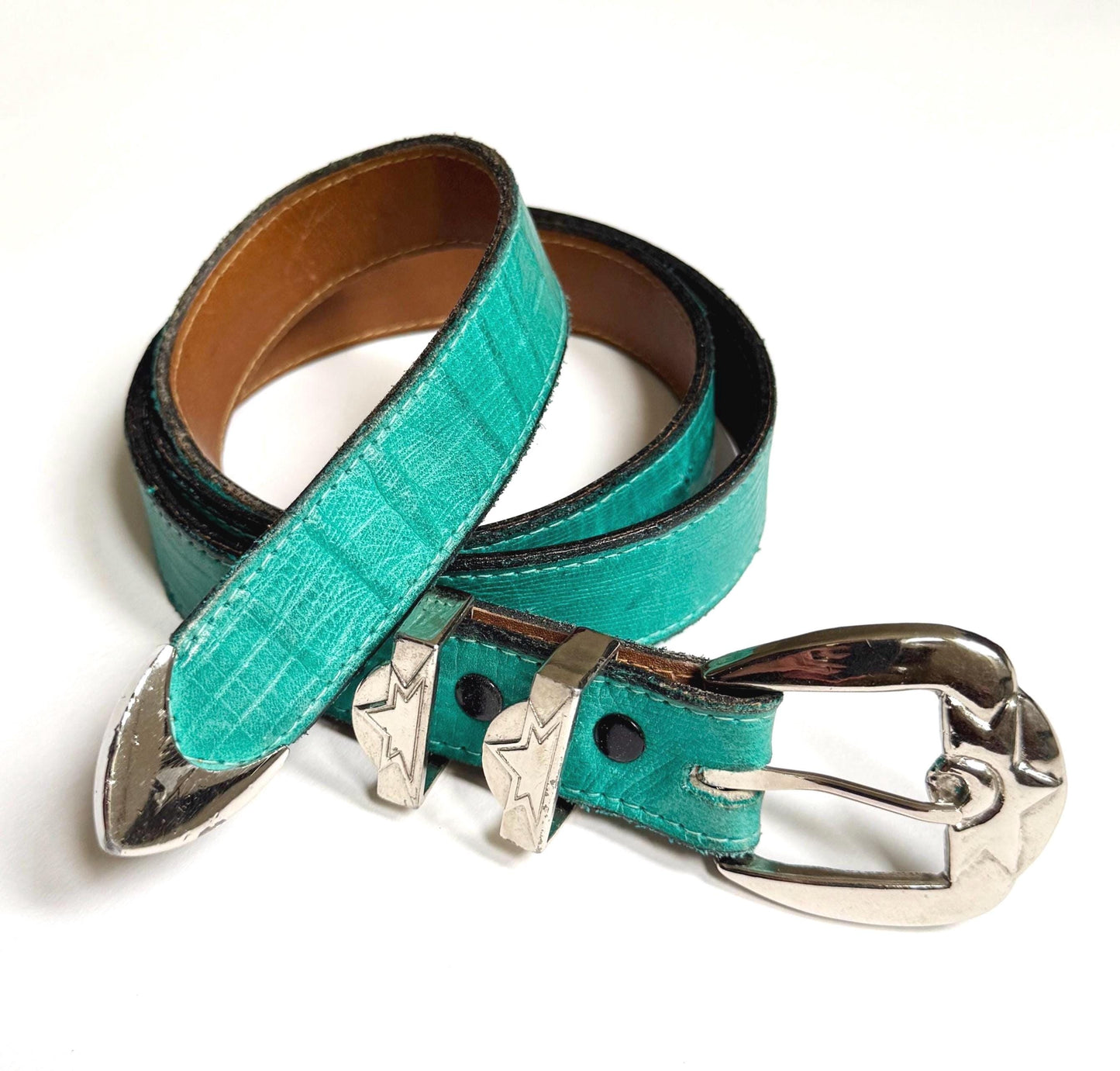 Vintage Turquoise Western Belt Reptile Embossed Leather Strap