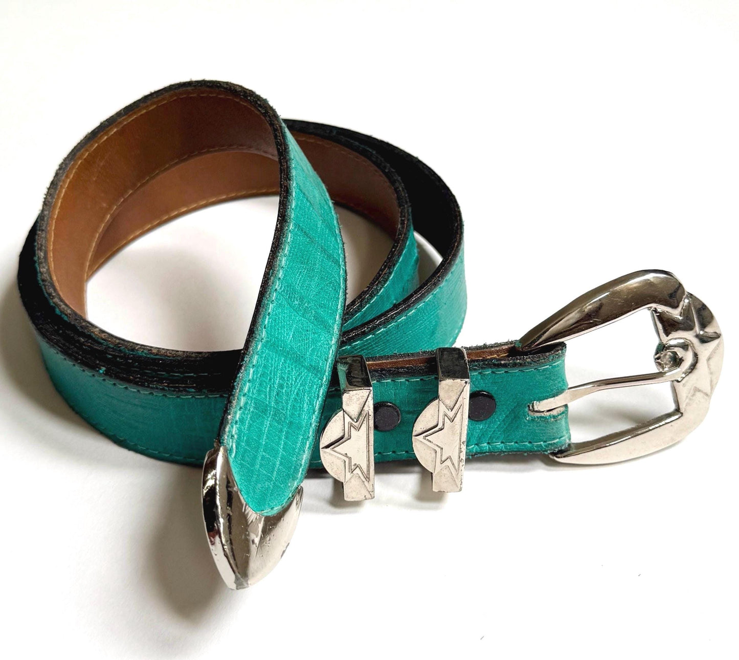 Vintage Turquoise Western Belt Reptile Embossed Leather Strap