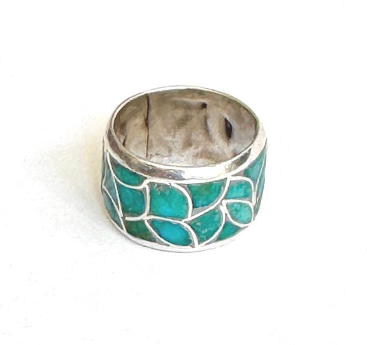 Vintage Zuni Turquoise Sterling Silver Cigar Band Ring, Size 6.75
