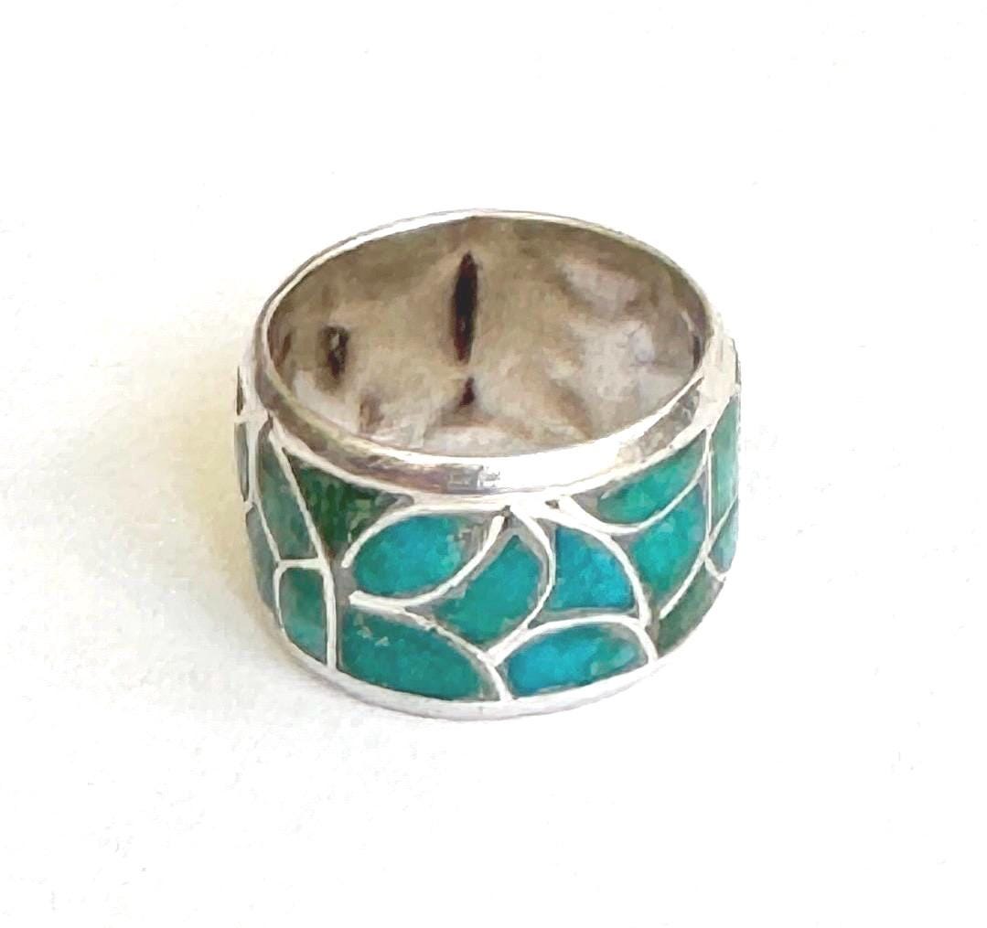 Vintage Zuni Turquoise Sterling Silver Cigar Band Ring, Size 6.75