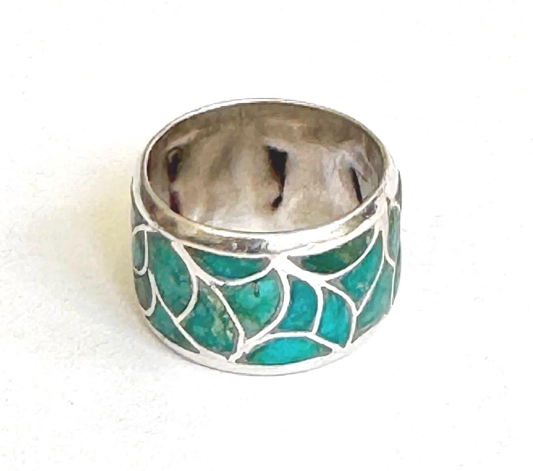 Vintage Zuni Turquoise Sterling Silver Cigar Band Ring, Size 6.75