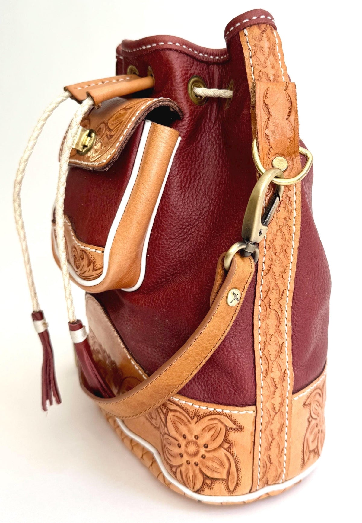 Vintage Oxblood Leather Drawstring Bag Western Floral Tooled Leather Trim